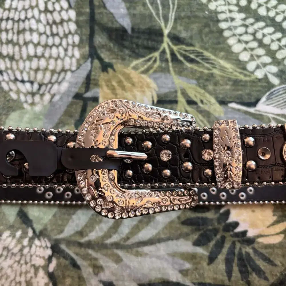 Y2K McBling Western Rhinestone and Cross Studded Black Crocodile Print Belt